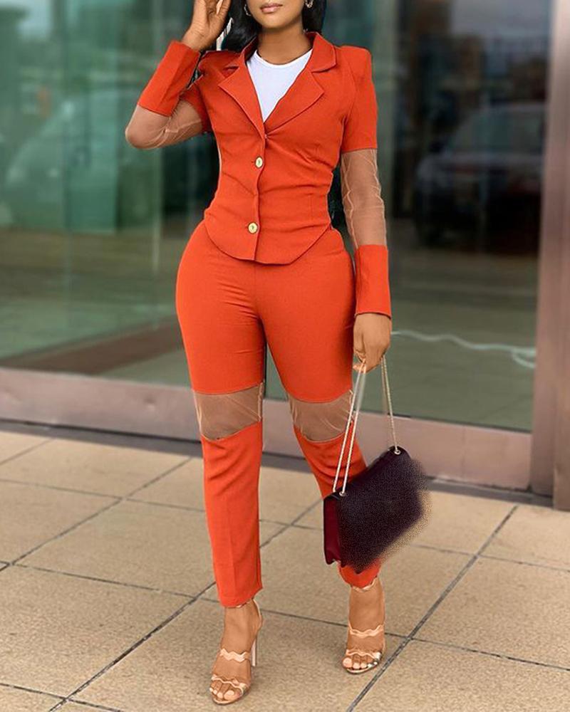 

Sheer Mesh Buttoned Blazer Coat & Pants Sets, Orange