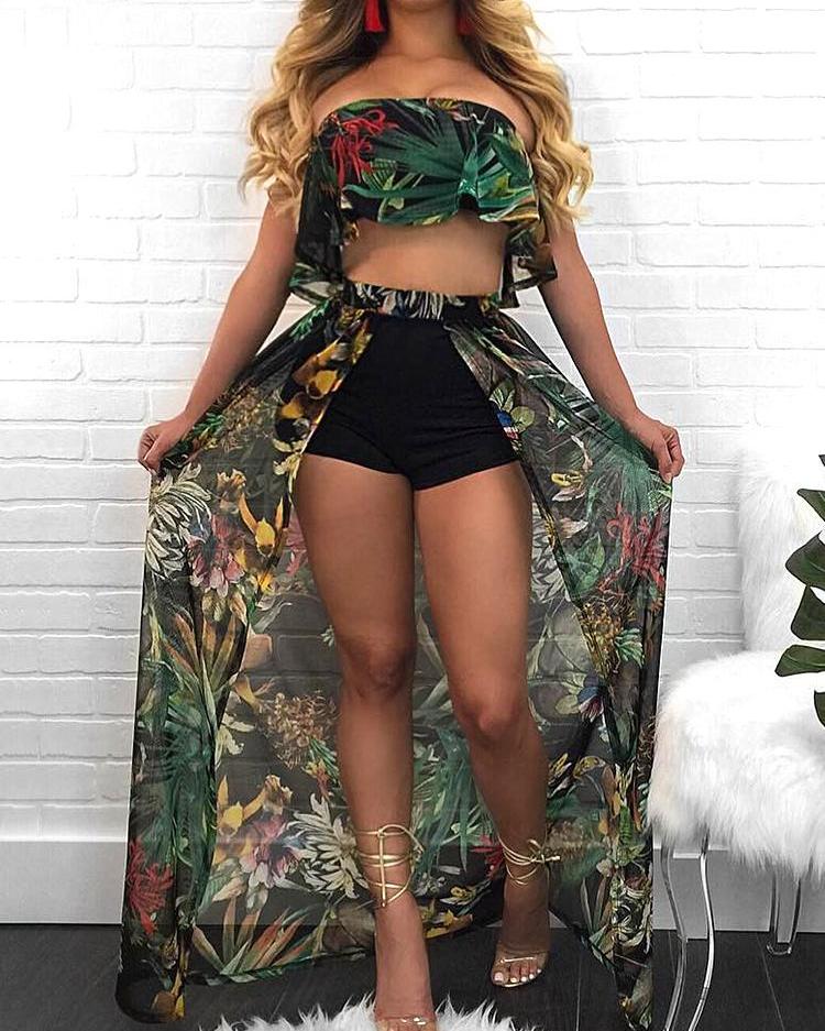 

Tropical Print Cropped Top&Shorts Maxi Dress, Black