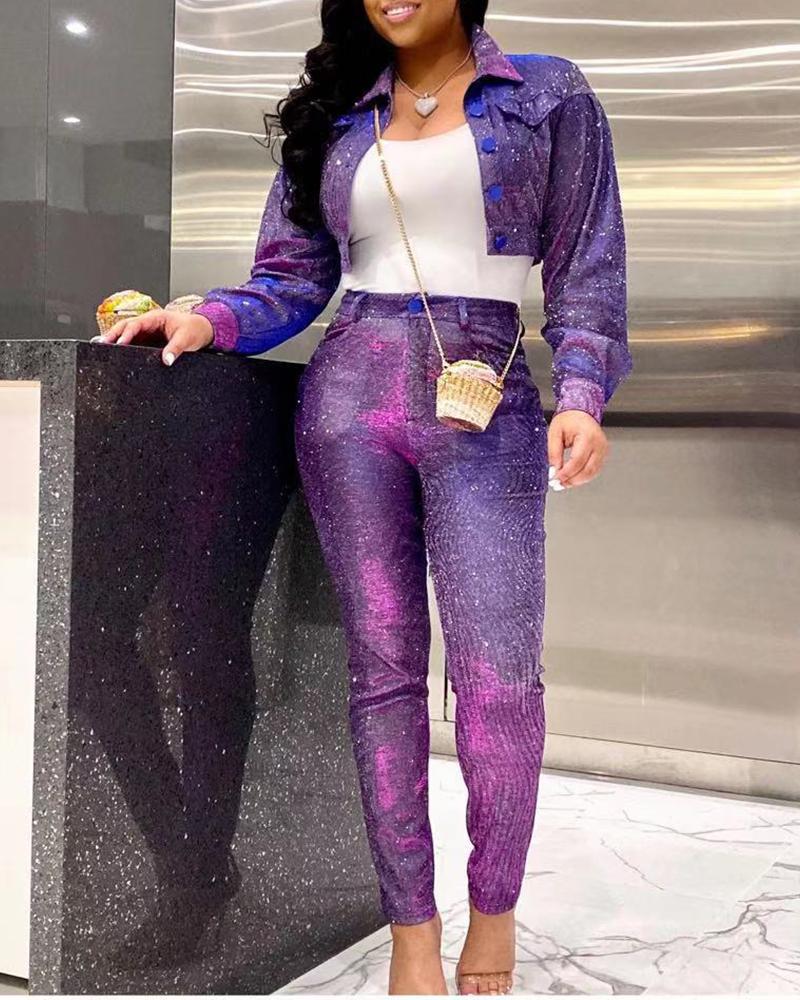 

Glitter Turn-down Collar Buttoned Crop Coat & Pants Sets, Purple