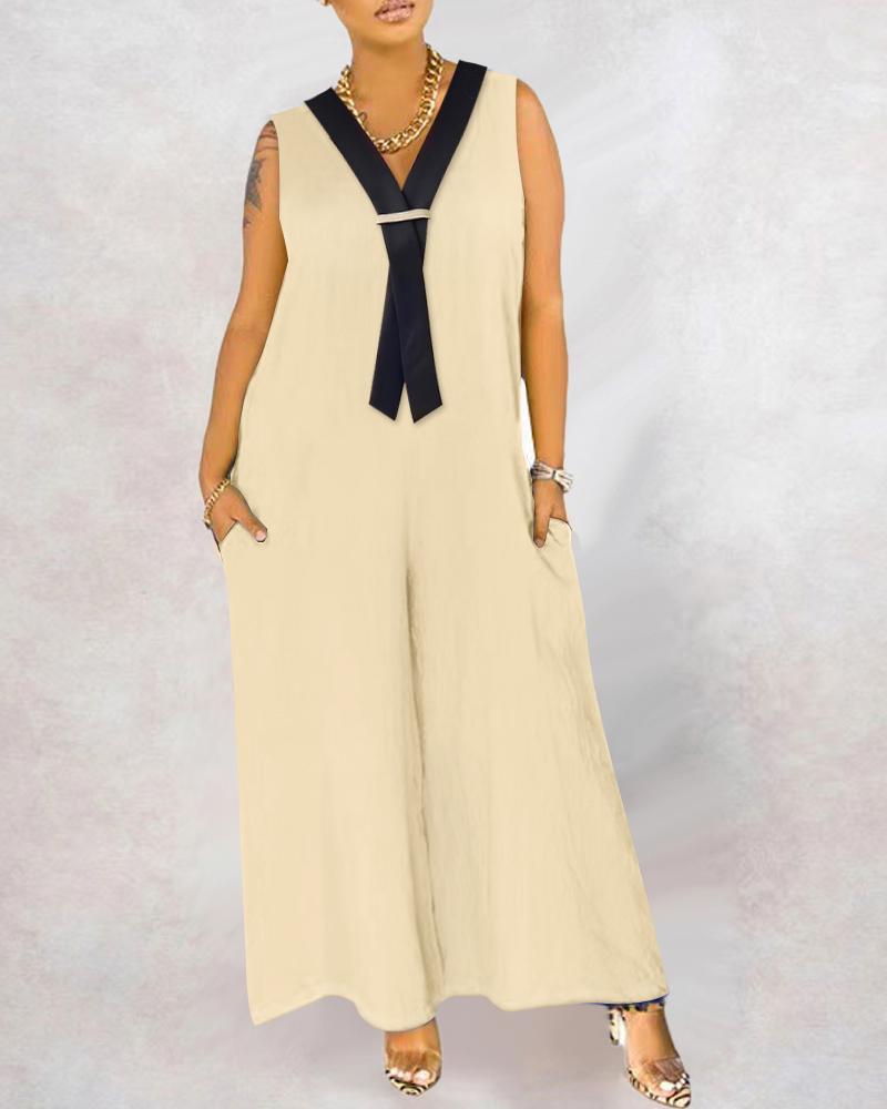 

Fake Tie Patch Sleeveless Wide Leg Jumpsuit, Apricot