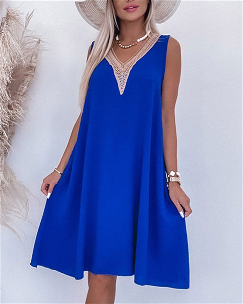 

Contrast Lace V-Neck Sleeveless Casual Dress, Blue