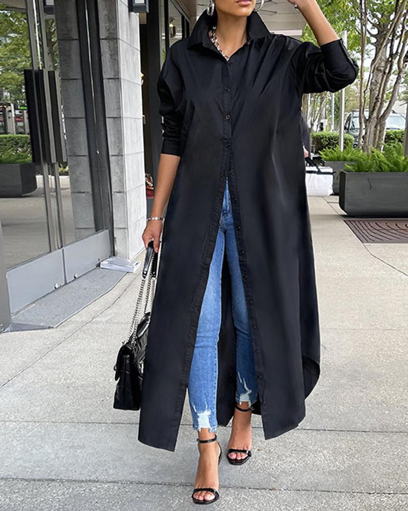 

Long Sleeve Buttoned Slit Shirt Dress, Black