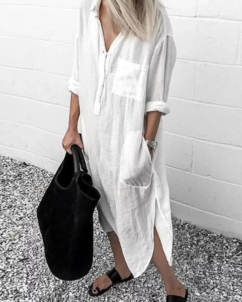 

Pocket Design Slit Casual Shirt Dress, White