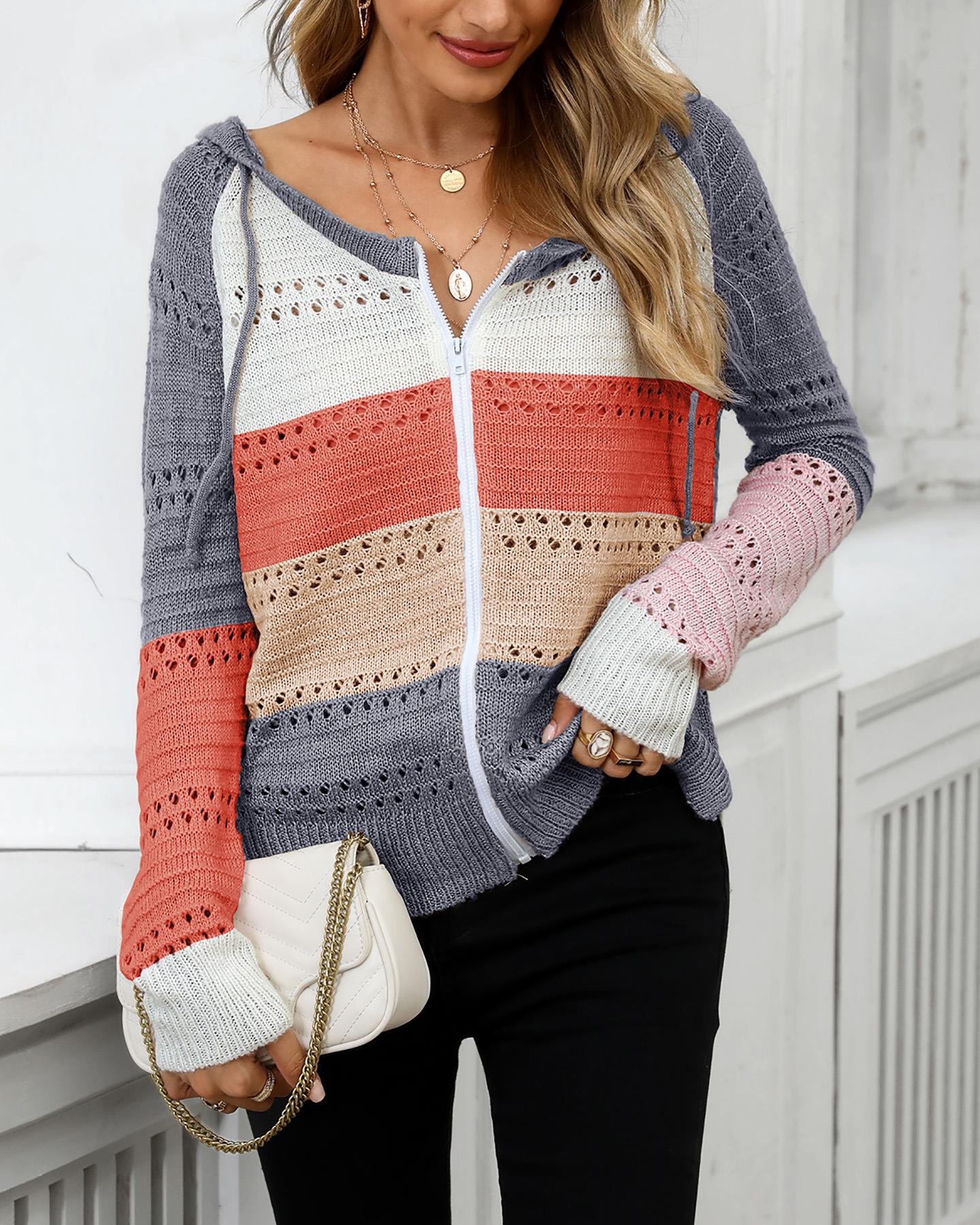 

Colorblock Zipper Hollow Out Casual Coat, Orange