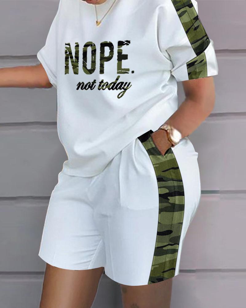 

Plus Size Nope Not Today Camo Print Casual Top & Shorts Set, Camoflage