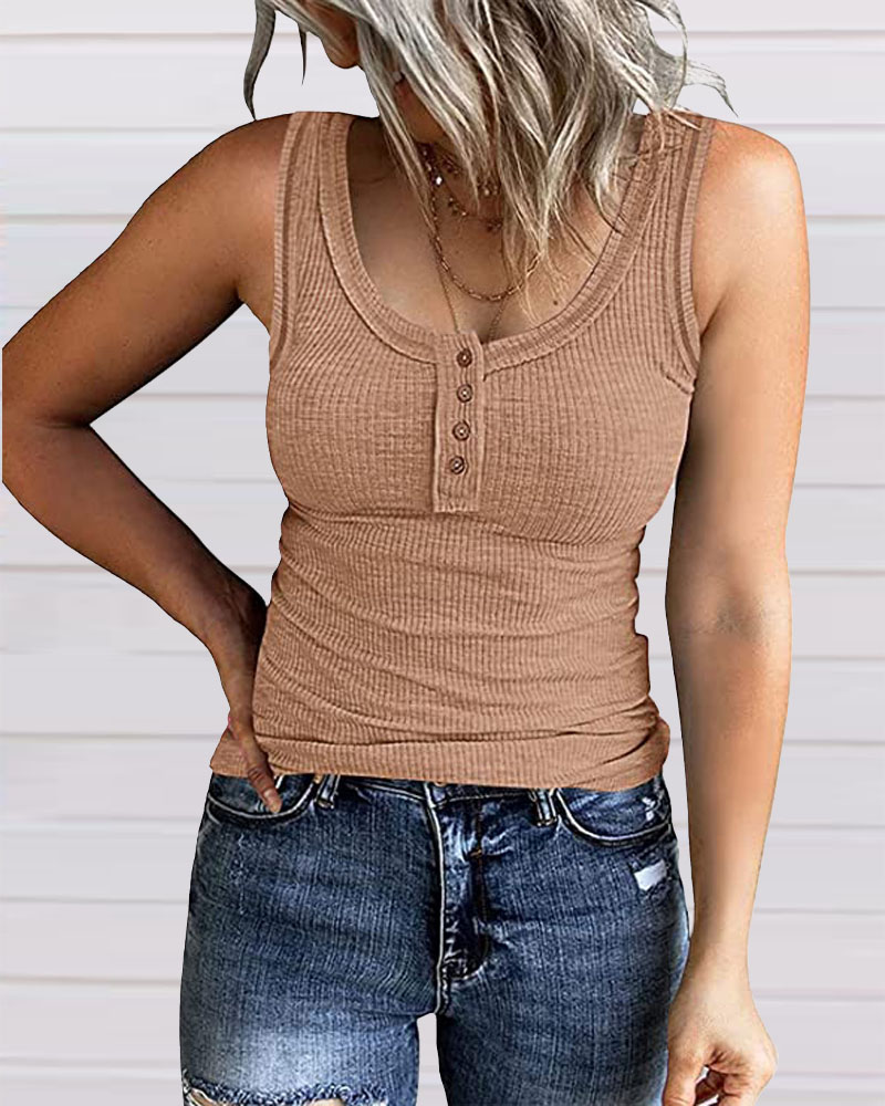 

Contrast Stitching Button Front Ribbed Tank Top, Khaki