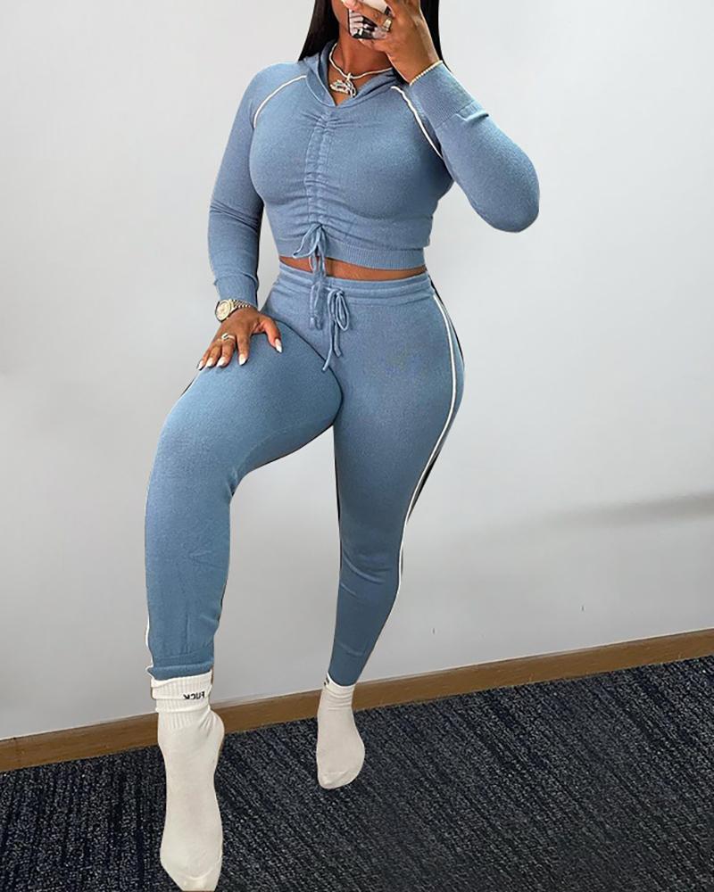 

Ribbed Drawstring Hooded Top & High Waist Pants Set, Blue
