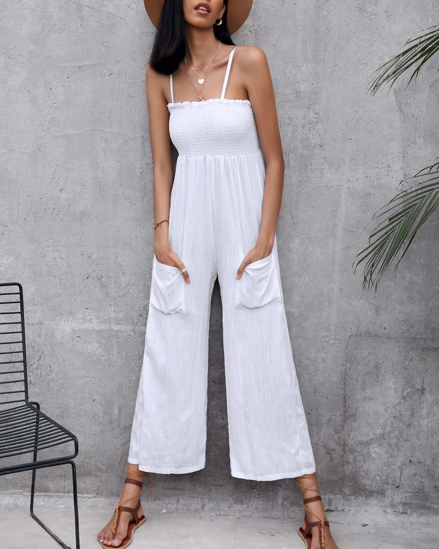 

Spaghetti Strap Plain Shirred Wide Leg Jumpsuit, White