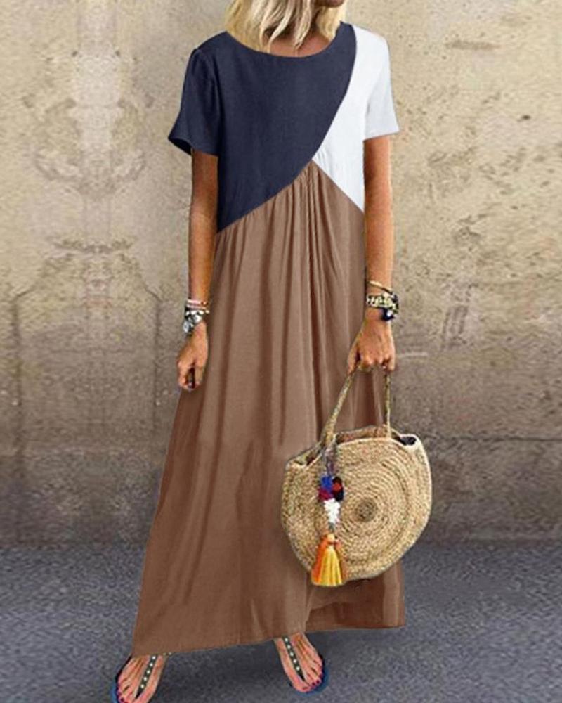 

Colorblock Patchwork Short Sleeve Maxi Dress, Khaki