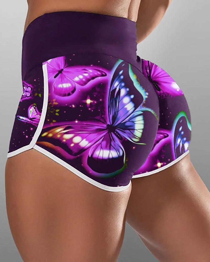 

Butterfly Print High Waist Active Shorts women Elastic Sports Shorts, Purple