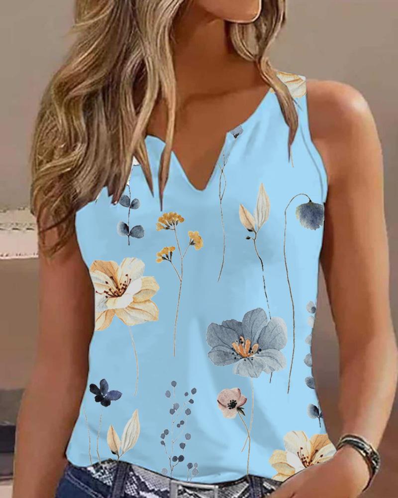 

Floral Print Notch Neck Casual Tank Top, Blue