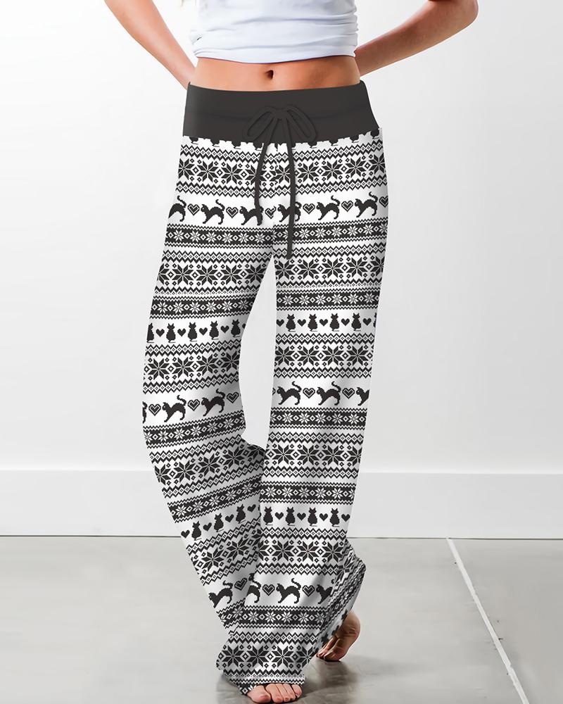 

Christmas Drawstring Graphic Animal Print Wide Leg Pants, Dark grey