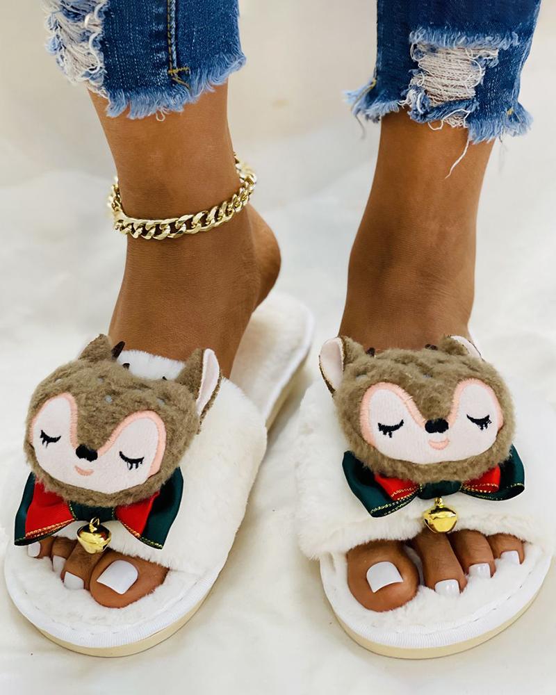 

Christmas Cartoon Pattern Bowknot Bell Decor Slippers, White