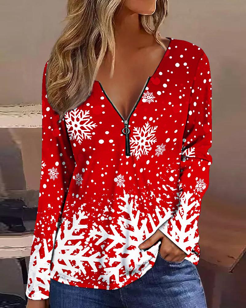

Christmas Snowflake Print Zip Front Long Sleeve Top, Red