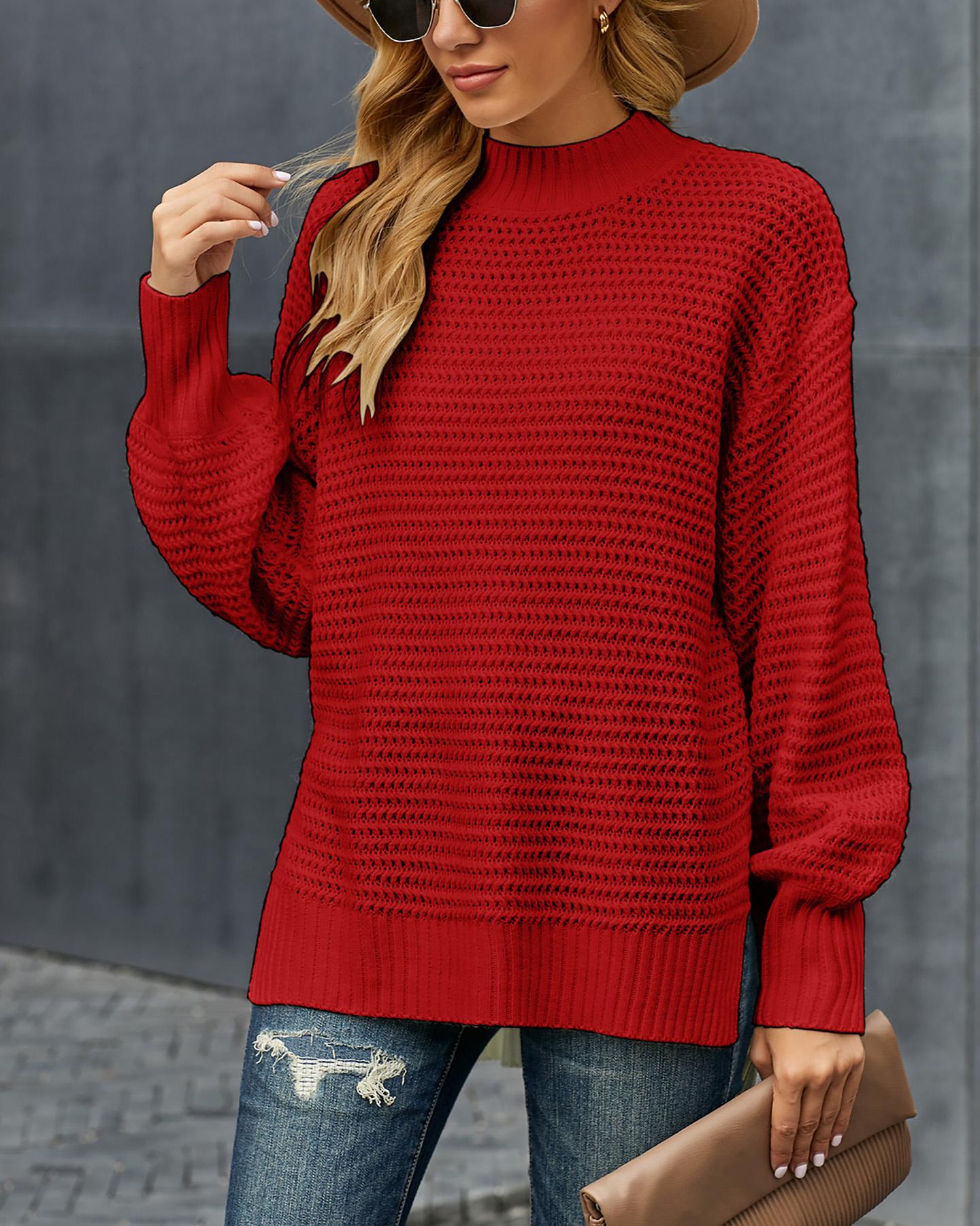 

Long Sleeve Loose Slit Hem Sweater, Red