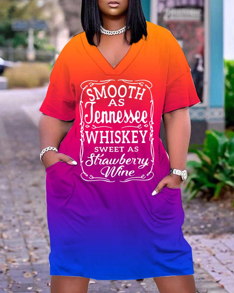 

Plus Size Smooth As Tennessee Whiskey Sweet As Strawberry Wine Print Ombre Casual Dress, Multicolor