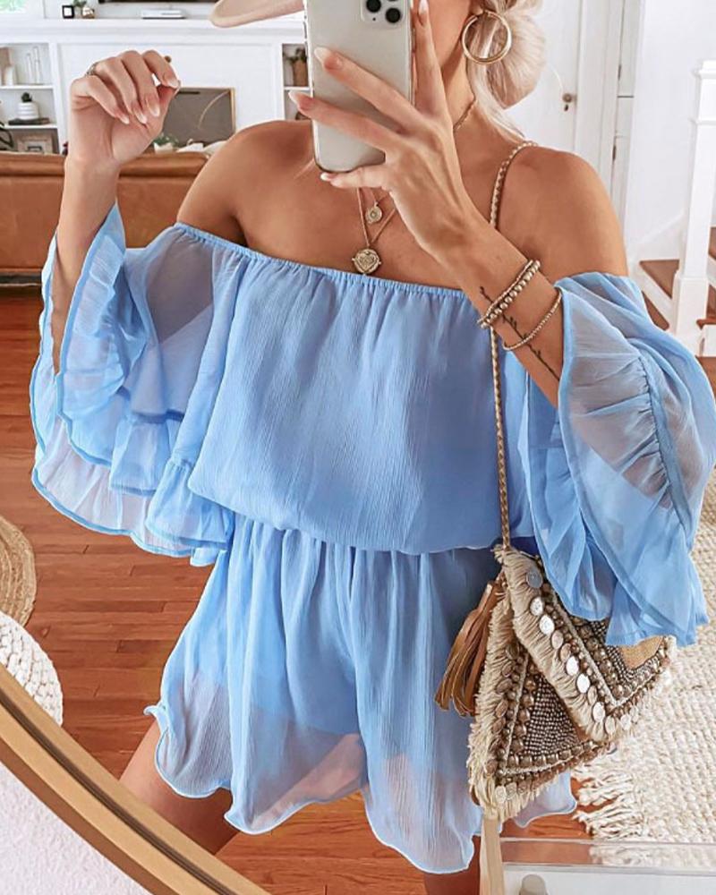 

Solid Color Ruffle Hem Half Sleeve Chiffon Rompers, Blue