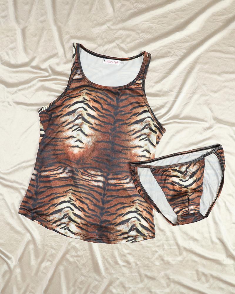 

Tiger Patterns Print Sleeveless Skinny Tanks With Panties Sexy Sets, Brown