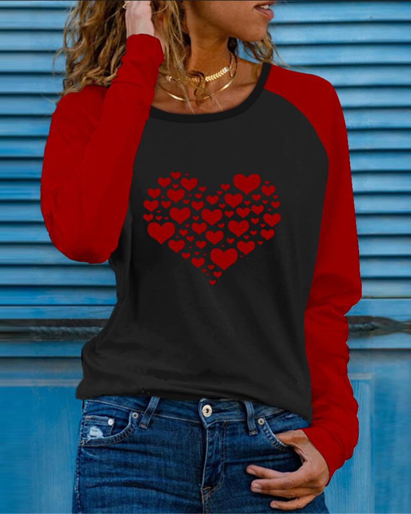 

Colorblock Heart Print Long Sleeve Casual Top, Red