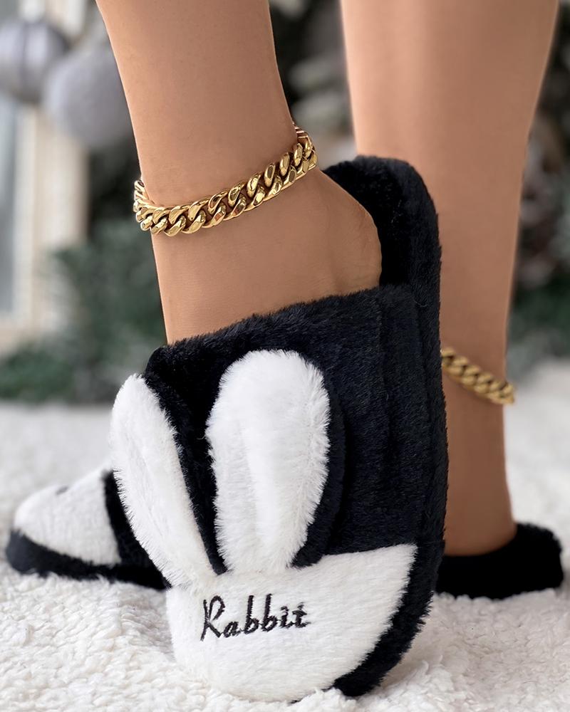 

Colorblock Rabbit Embroidery Cartoon Fuzzy Comfy Slippers, Black