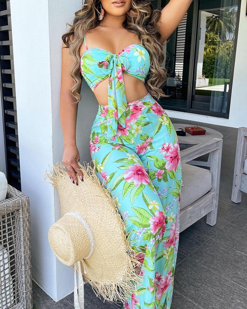 

Tie Front Tropical Print Crop Top & Pants Set, Green