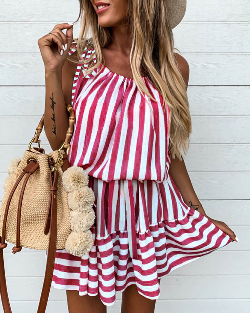 

Striped Pleated Casual Dress, Red