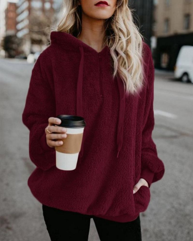 

Long Sleeve Zipper Pocket Design Teddy Hoodie, Wine red