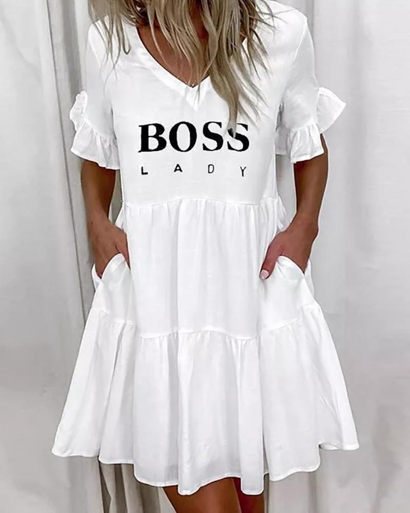 

Letter Print Bell Sleeve Ruffles Casual Dress, White