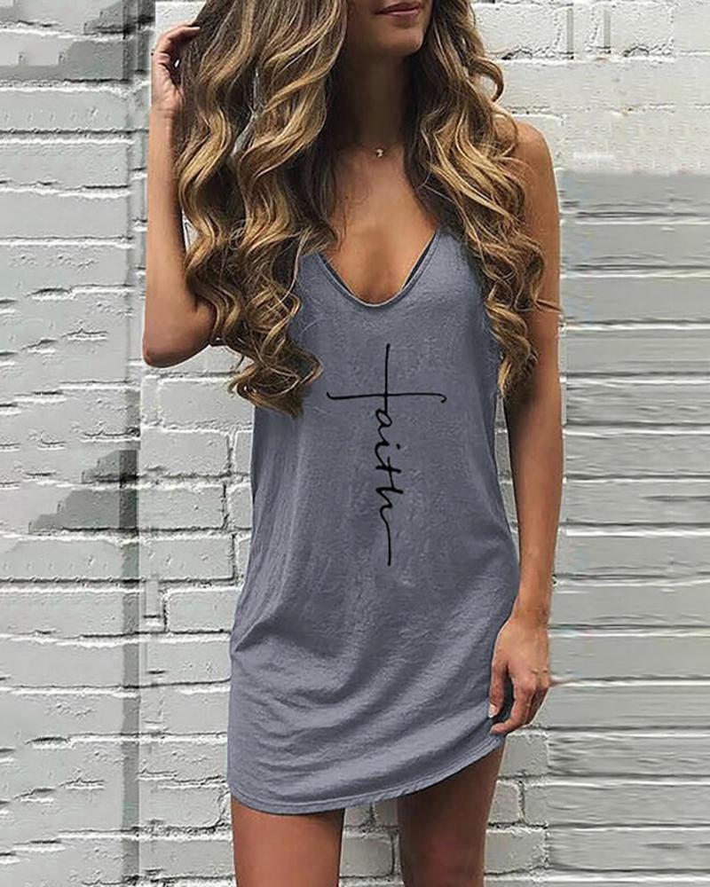 

Letter Pattern Print V-neck Casual Dress, Gray
