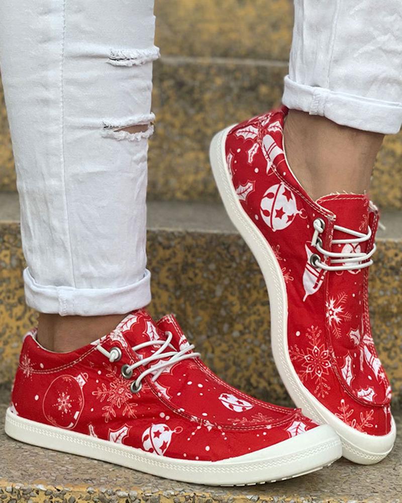 

Christmas Lace-up Graphic Print Canvas Slip-On, Red