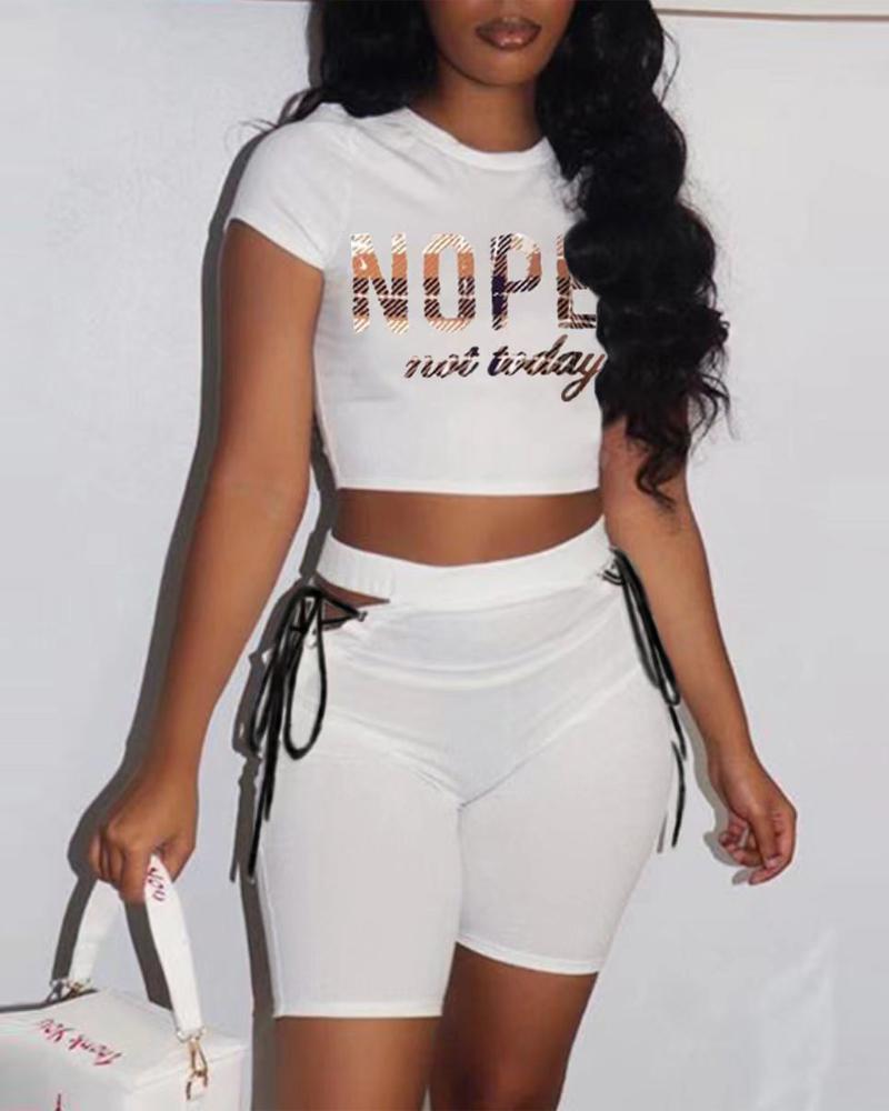 

Plaid Letter Print Crop Top & Eyelet Lace-up Shorts Set, White