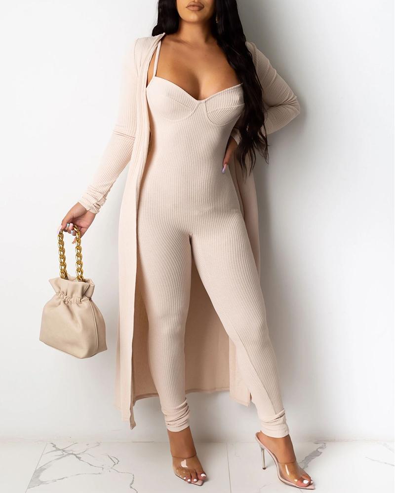

Spaghetti Strap Skinny Jumpsuit With Long Sleeve Coat, Apricot