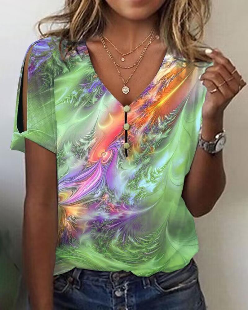 

Abstract Print Split Sleeve Casual T-shirt, Green
