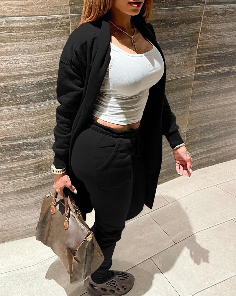 

Long Sleeve Open Front Coat & Drawstring Pants Set, Black