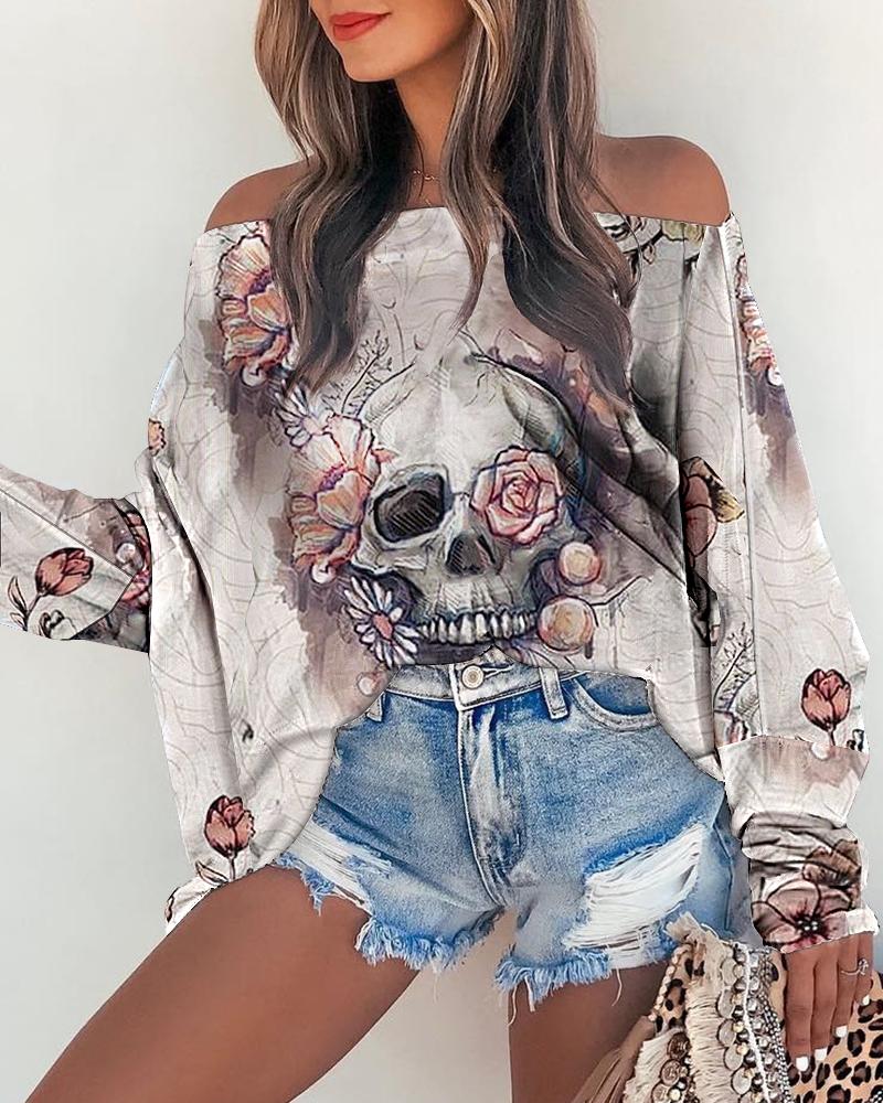 

Halloween Skull Floral Print Off Shoulder Top, Multicolor