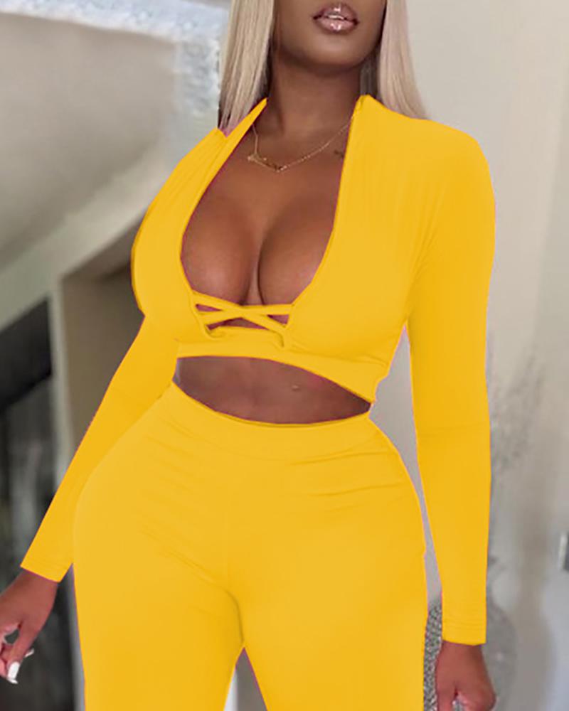 

Long Sleeve Plunge Crop Top & Pants Sets, Yellow