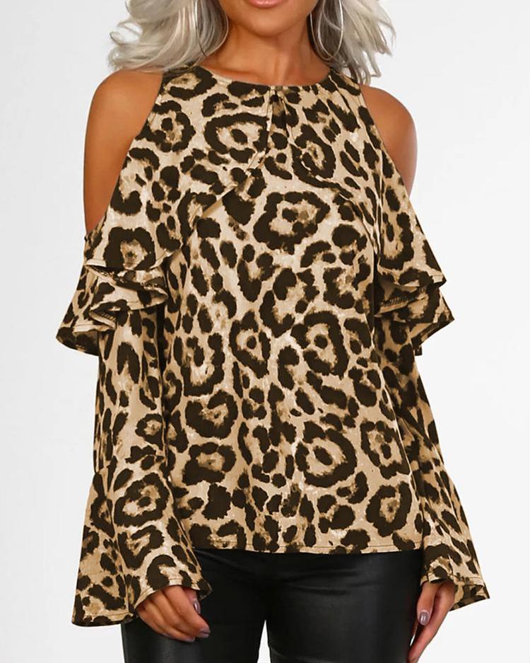 

Leopard Cold Shoulder Ruffles Blouse, Khaki