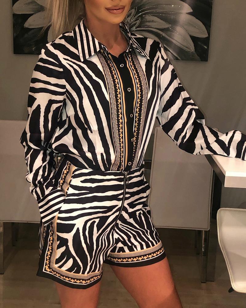 

Zebra Print Buttoned Shirt & Zipper Short Sets, Black
