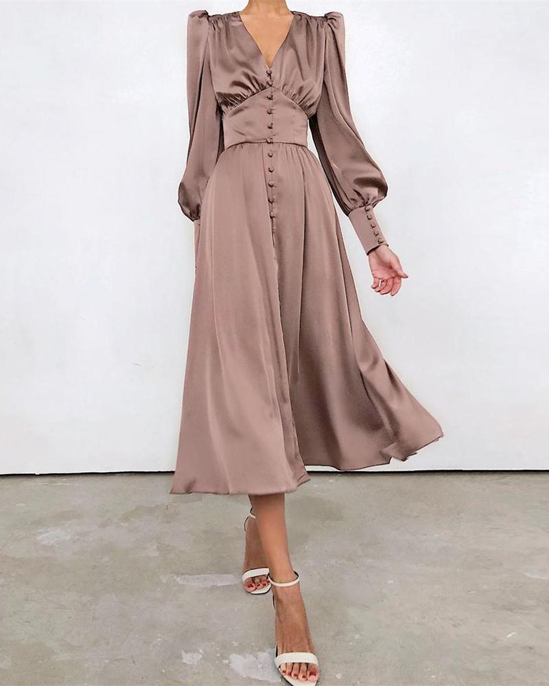 

Lantern Puff Sleeve Button Front Casual Dress, Pink