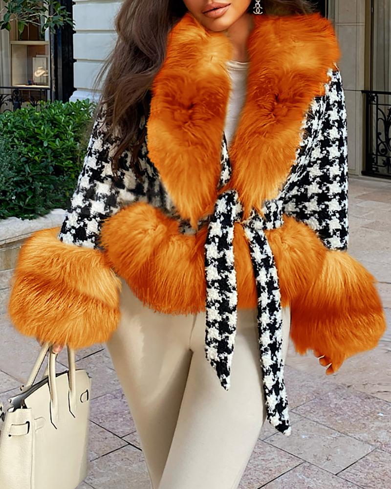 

Houndstooth Print Long Sleeve Crop Faux Fur Coat, Orange