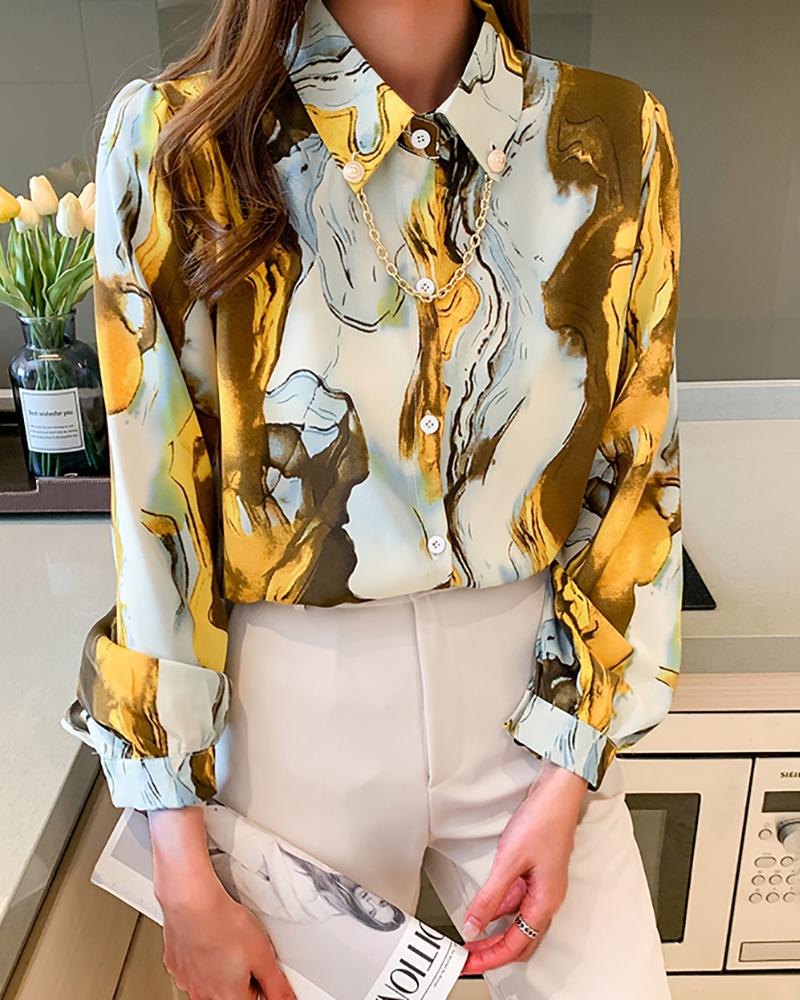 

Lantern Sleeve Abstract Marble Print Top, Yellow