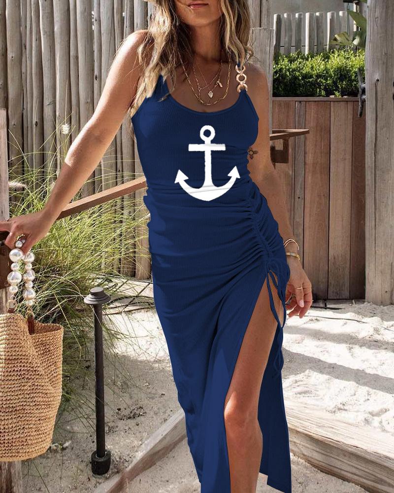 

Anchor Print Drawstring Ruched High Slit Casual Dress, Purplish blue