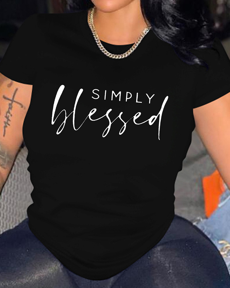 

Short Sleeve Letter Print O-Neck T-shirt, Black