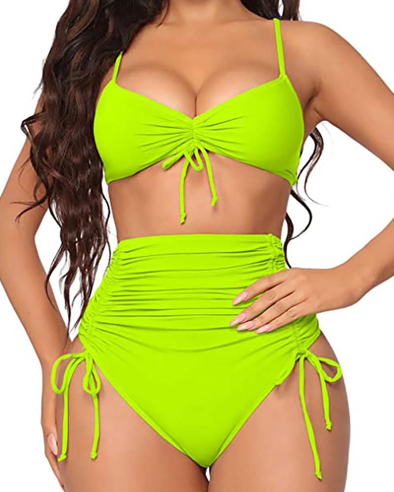 

Spaghetti Strap Drawstring Ruched Bikini Set, Green