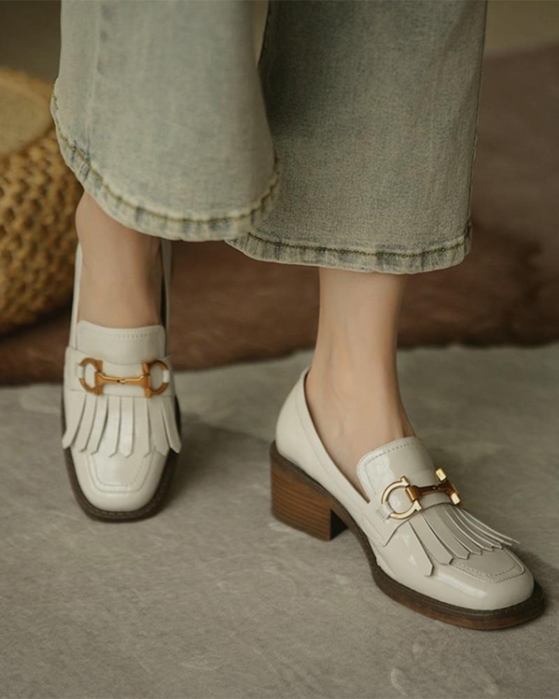 

Metallic Buckle & Tassel Square Toe Chunky Loafers, Beige