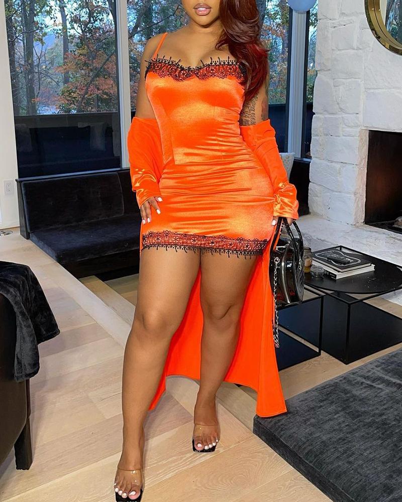 

Contrast Paneled Lace Trim Sleep Dress With Robe, Orange
