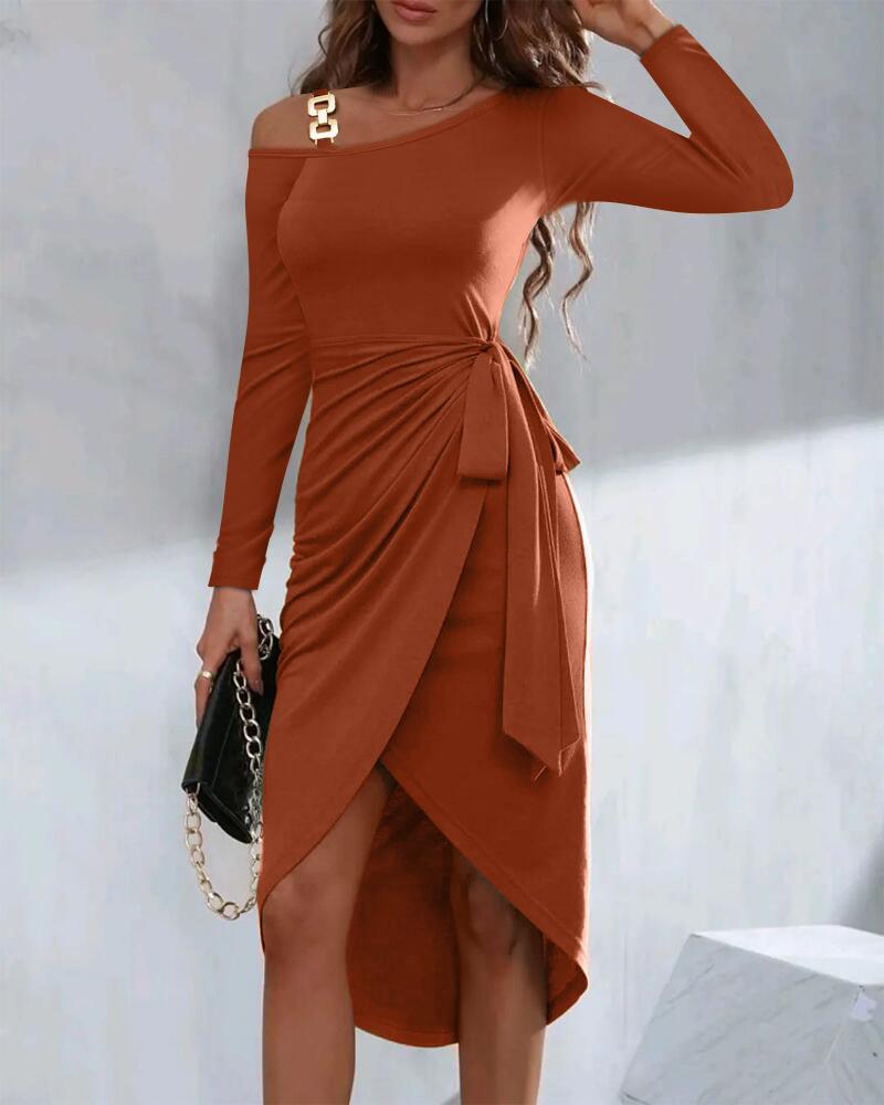 

Tied Detail Chain Decor Casual Dress, Brown