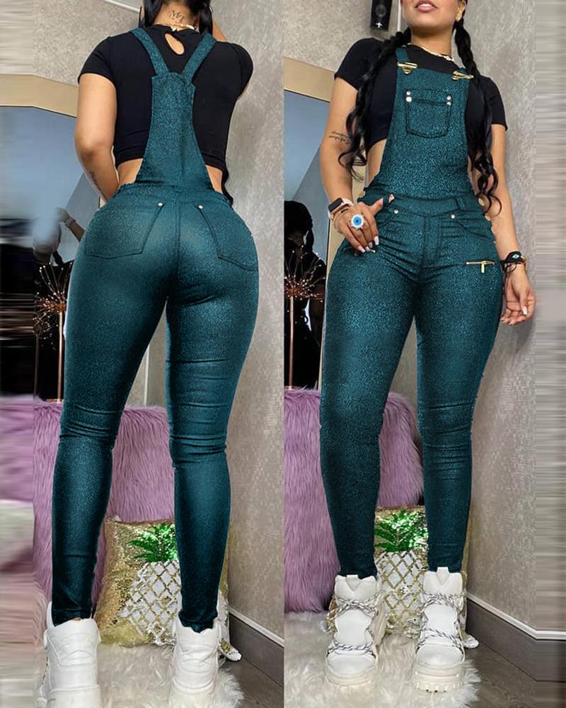 

Glitter Buckled Pockets Design Suspender Jumpsuit, Green