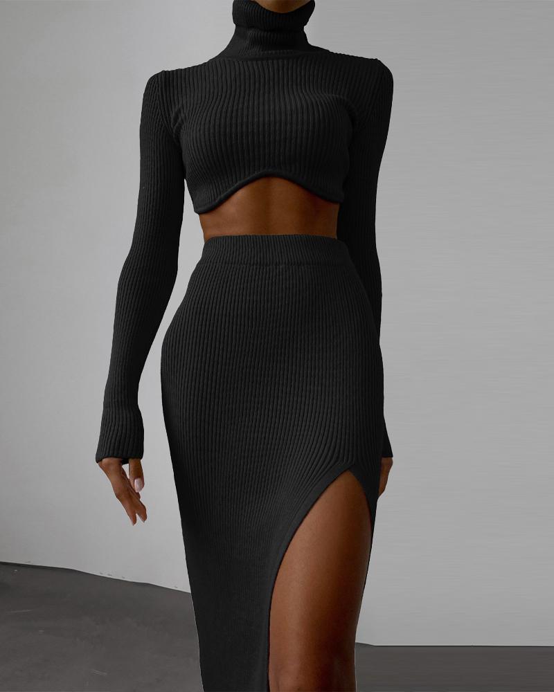 

Ribbed Turtleneck Crop Top & High Slit Skirt Set, Black