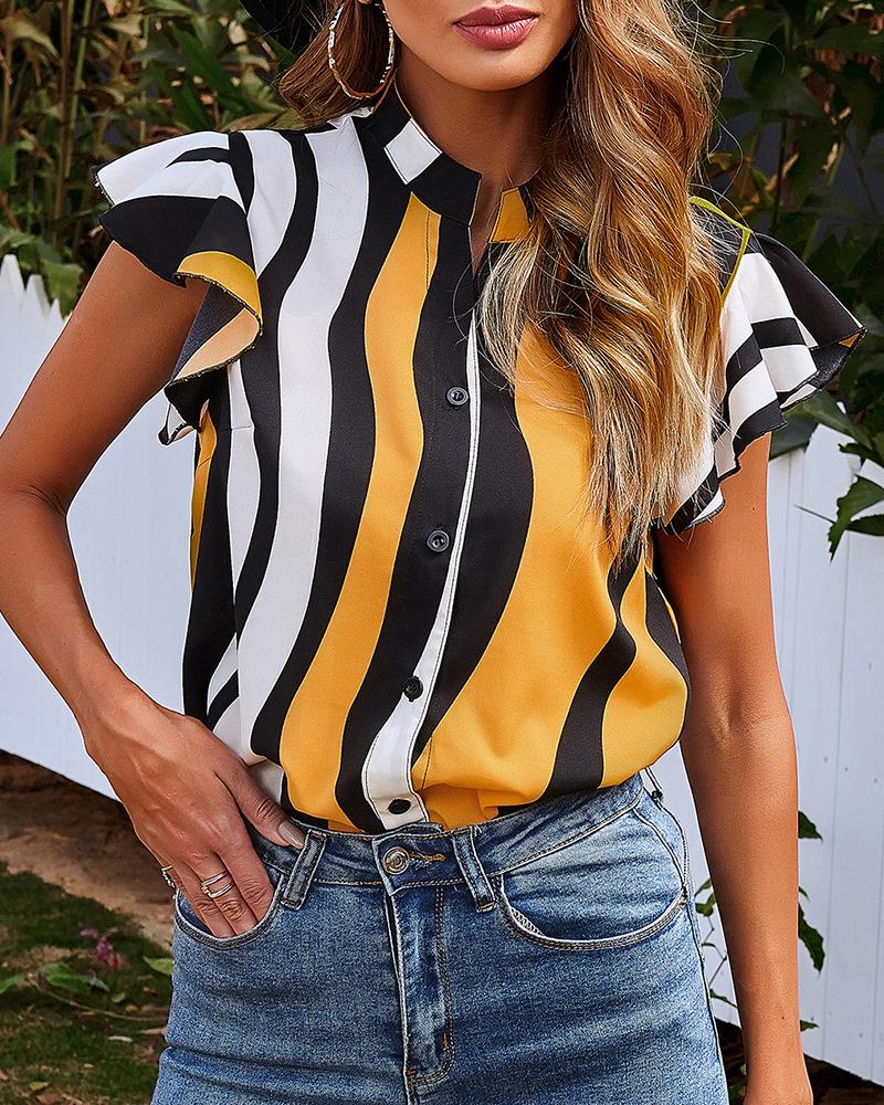 

Striped Print Colorblock Button Front Top, Yellow